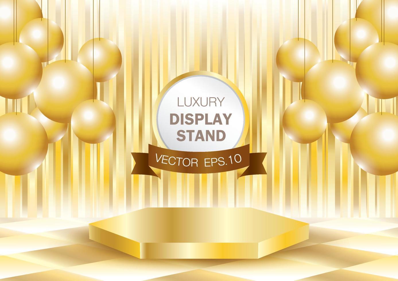 Vector file. luxury golden product display stand. hexagon stand. golden wall backdrop. empty luxurious pedestal for putting the product. golden balls display.