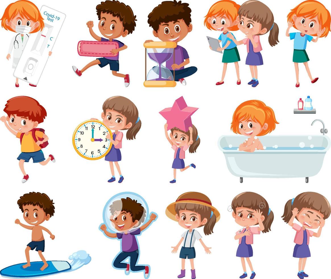 Set of children doing different activities on white background vector