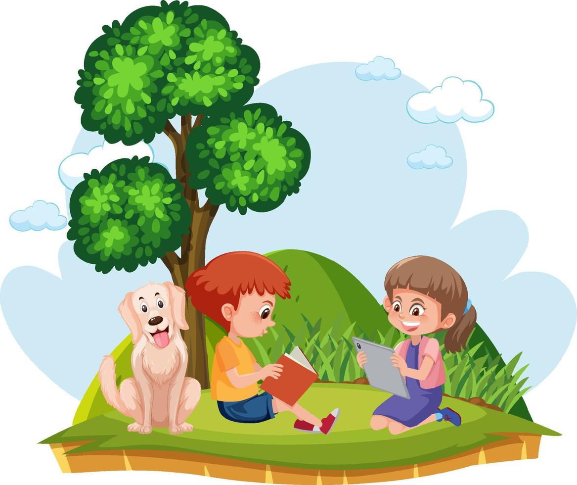 un niño y una niña leyendo en el jardín vector