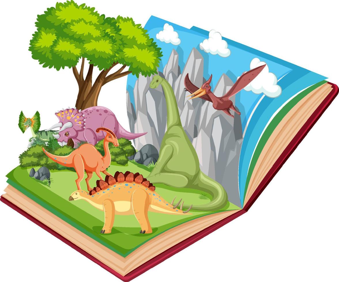 libro emergente con escena de la naturaleza al aire libre y dinosaurio vector