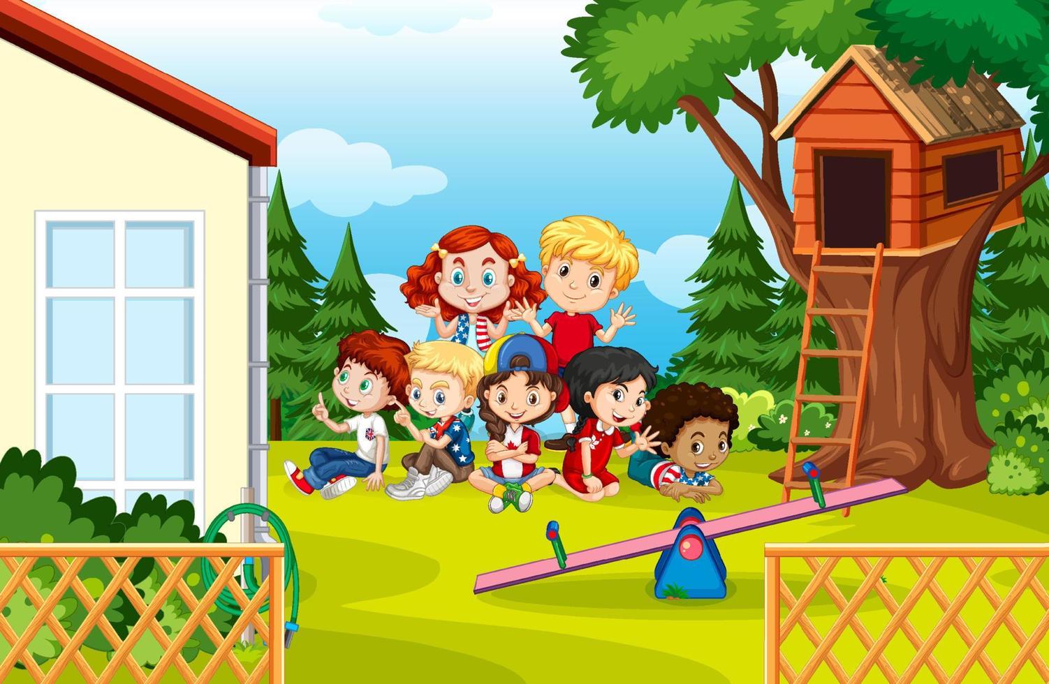 Many kids sitting in the garden vector