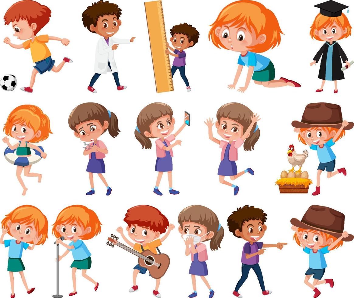 Set of children doing different activities on white background vector