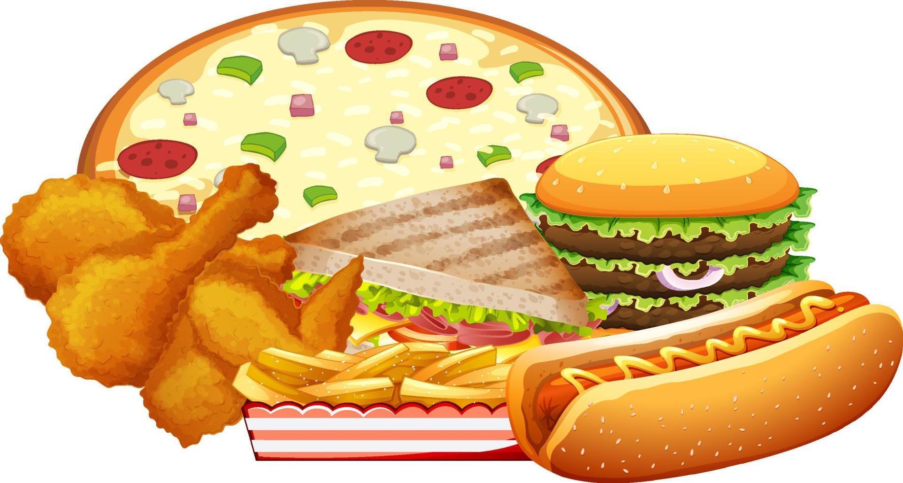 Set of fast foods on white background vector