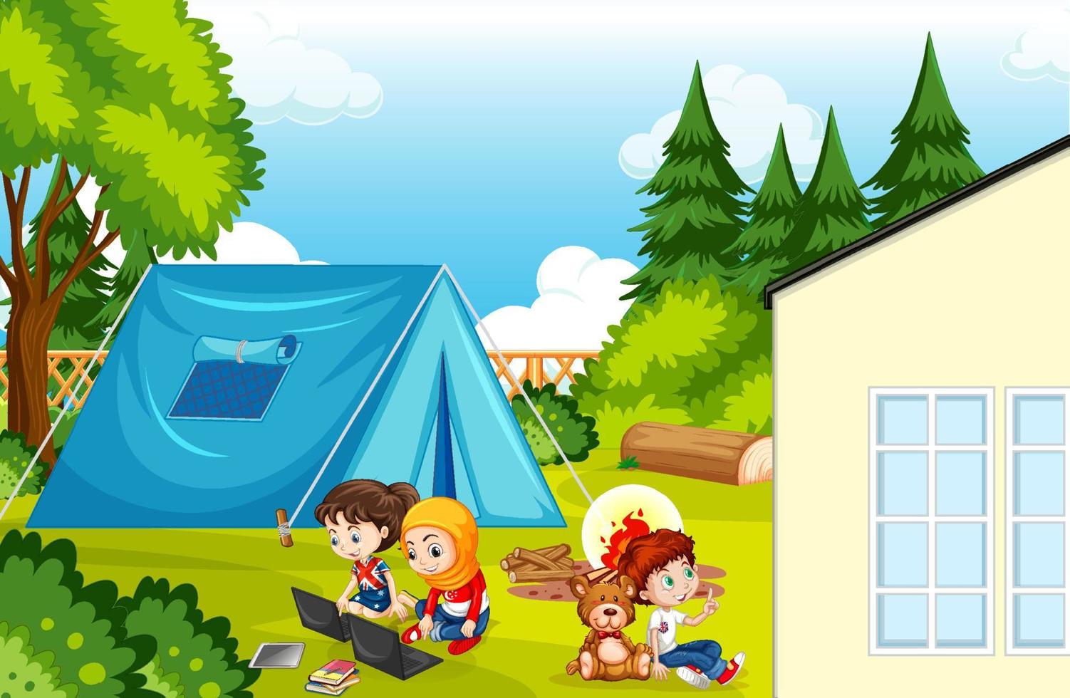 Scene with children camping in the park vector