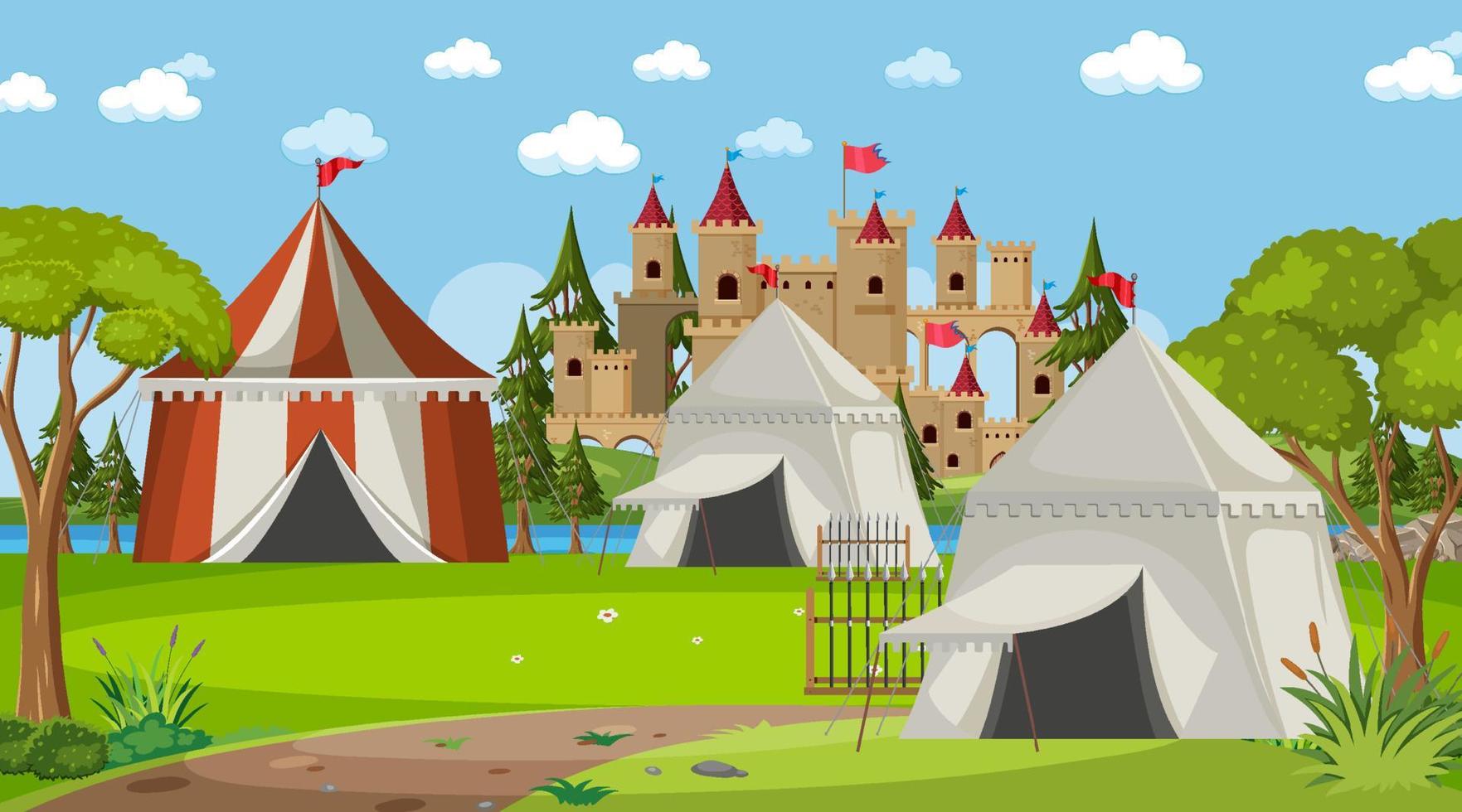campamento de escena de ciudad medieval con carpas y castillo vector