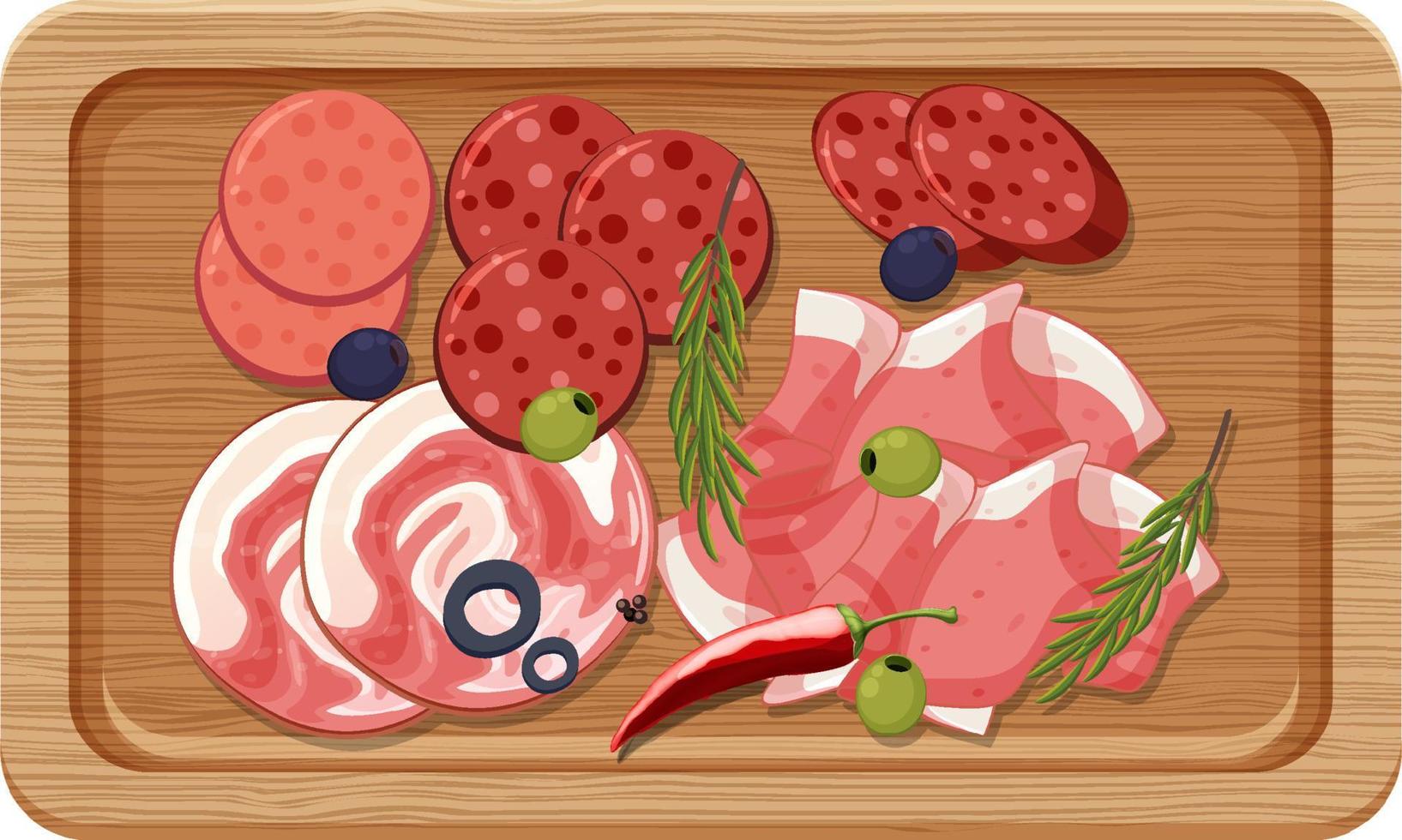 Top view of lunch meat on a wooden tray vector