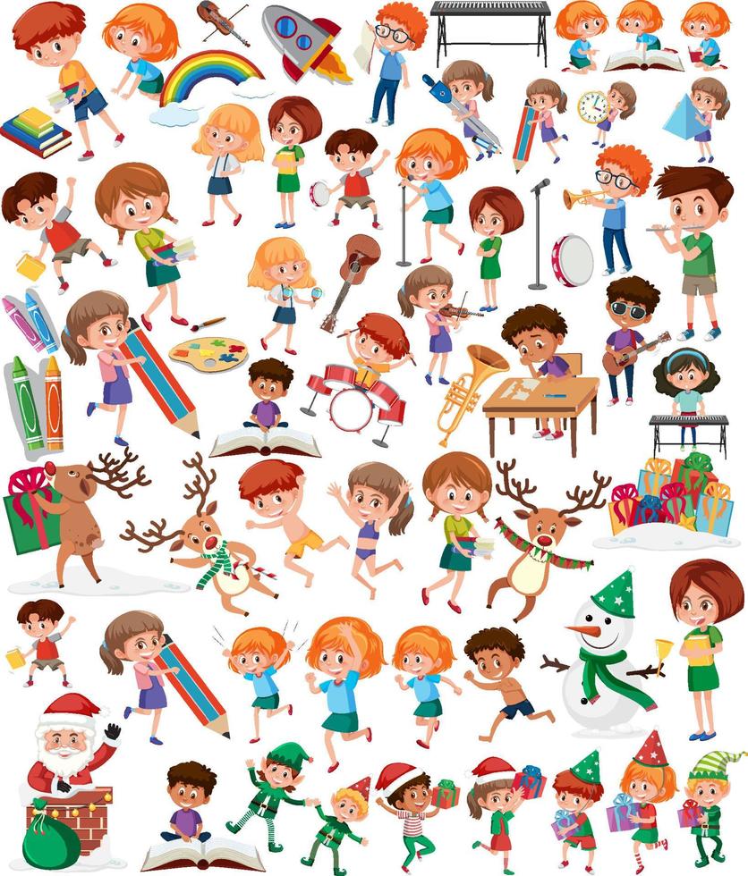 colección de muchos niños haciendo diferentes actividades vector