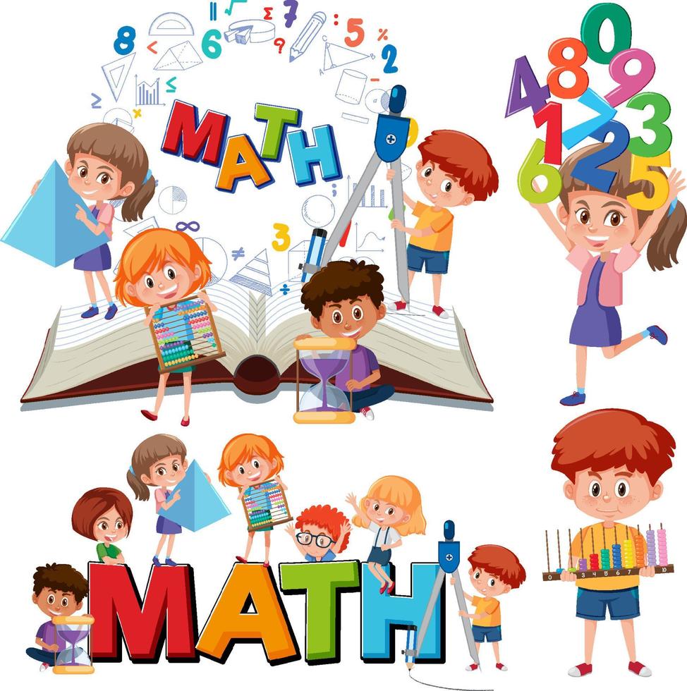 Math classroom objects with supplies and students vector