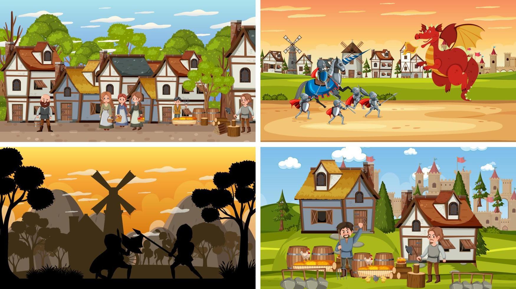 Set of different scene medieval with silhouette vector