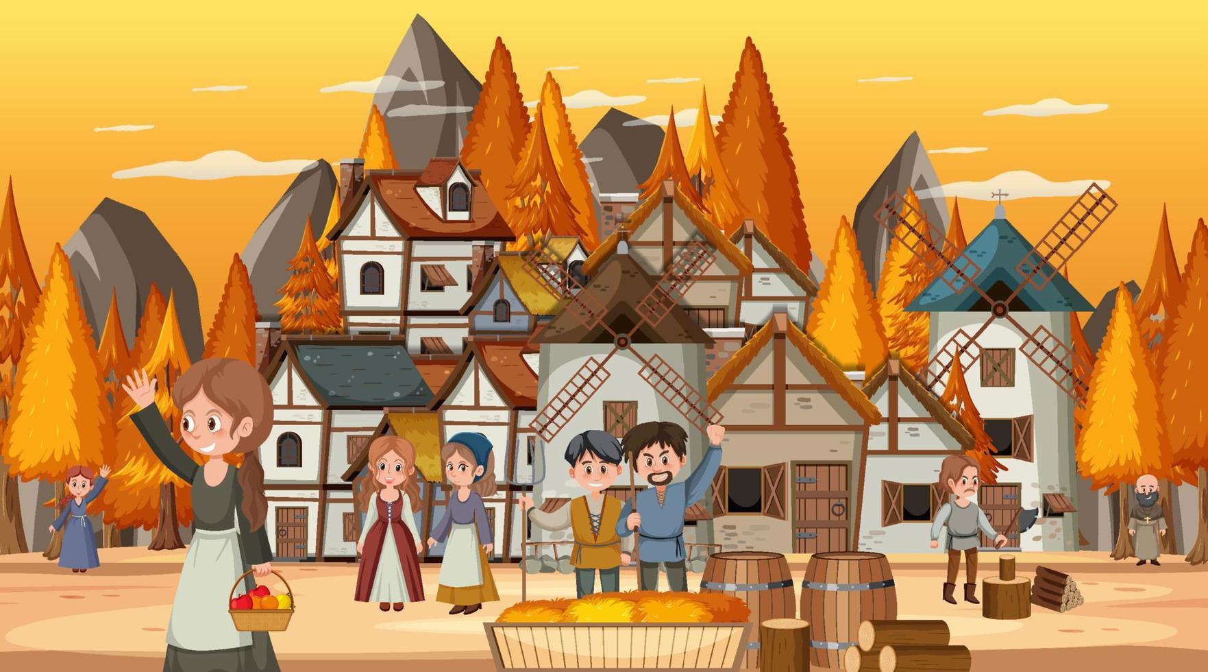 Medieval town scene with villagers vector