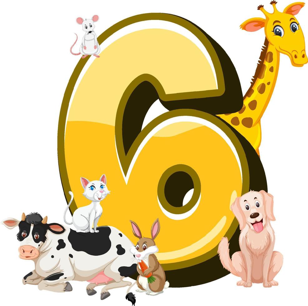 Different six animals attached to number six vector