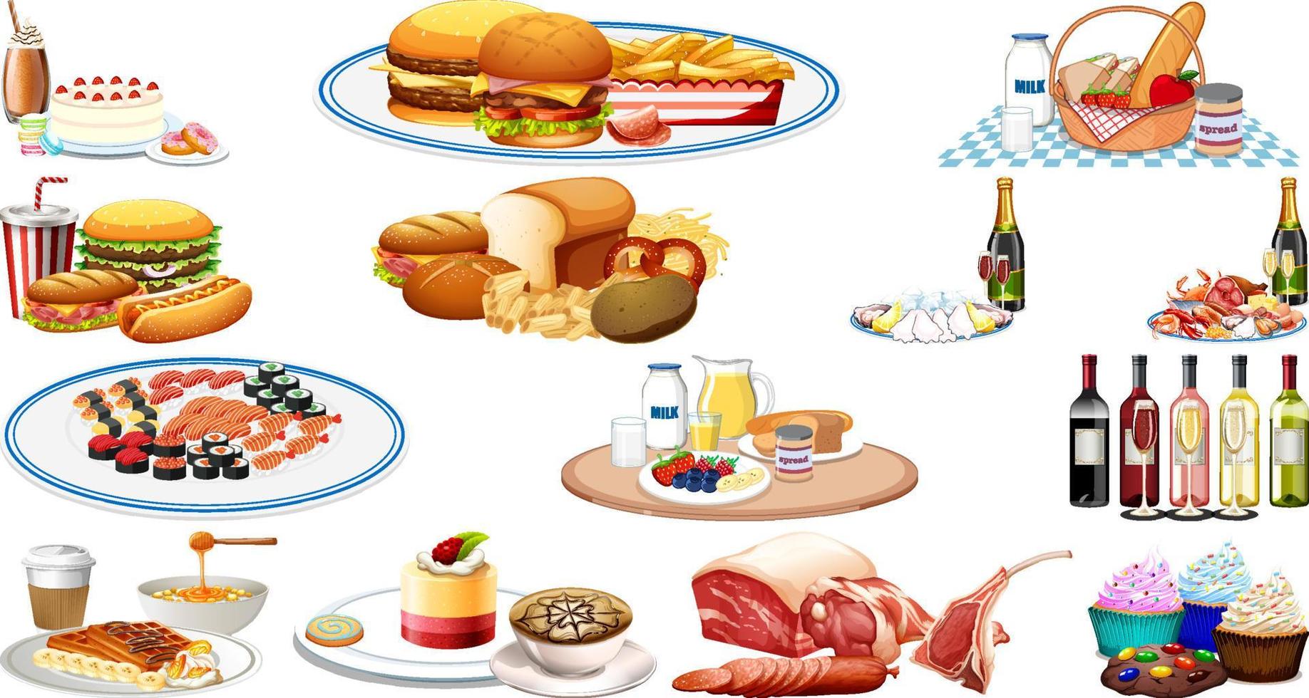 Set of different foods and beverages vector