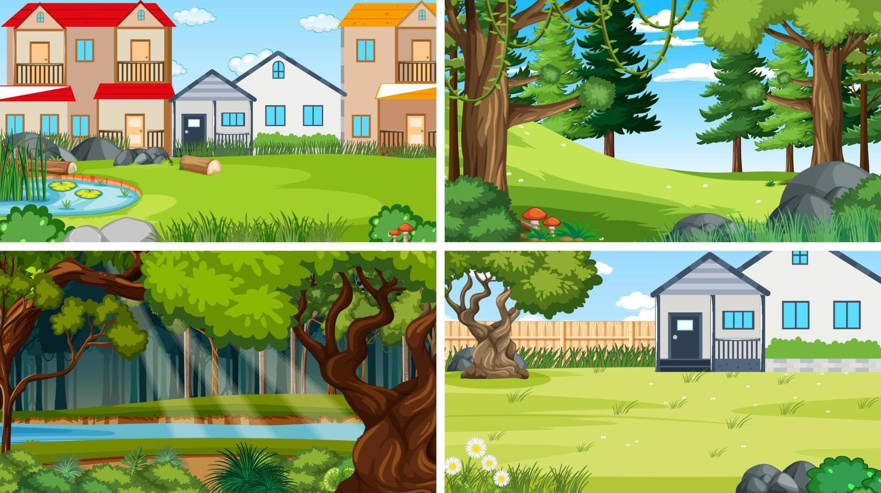 escena de la naturaleza con muchos árboles y casas vector