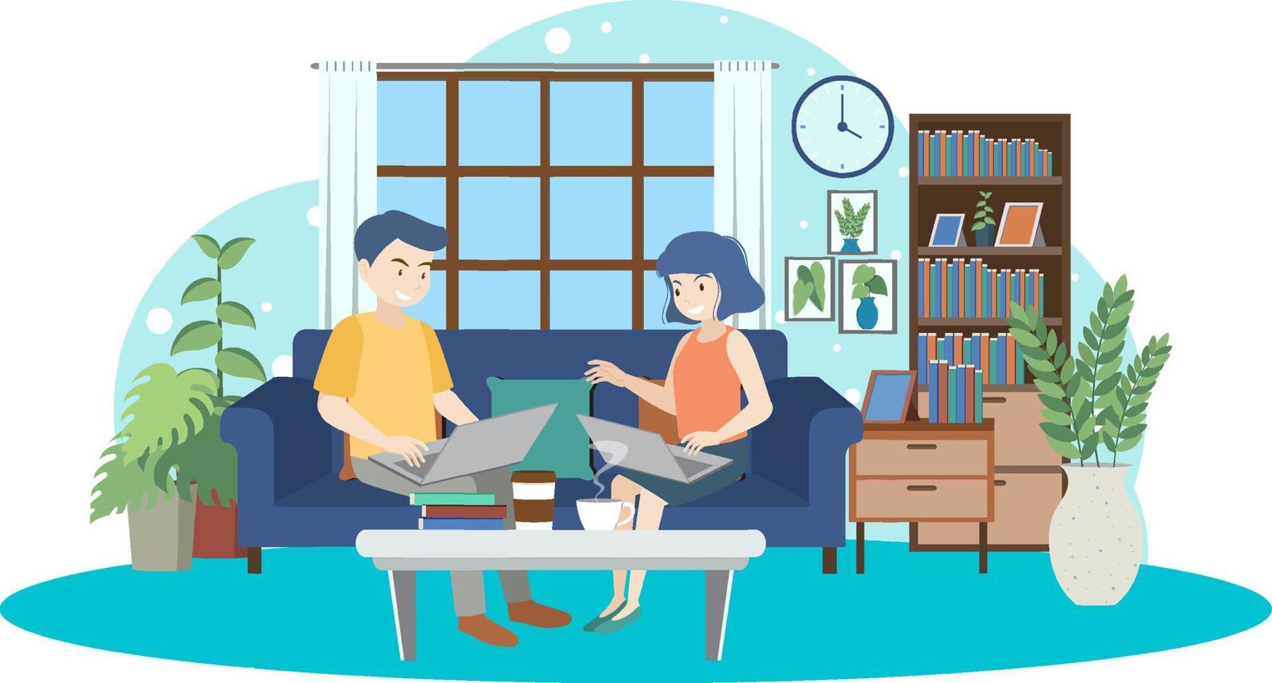 People working on laptop at home vector