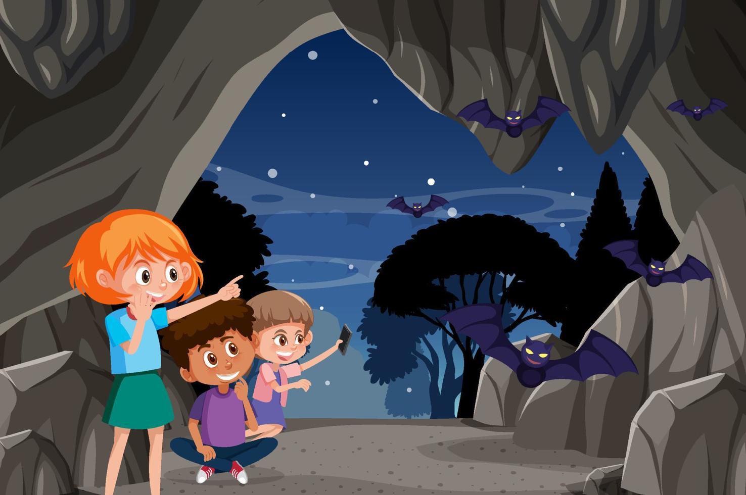 In cave scene with children exploring cartoon character vector