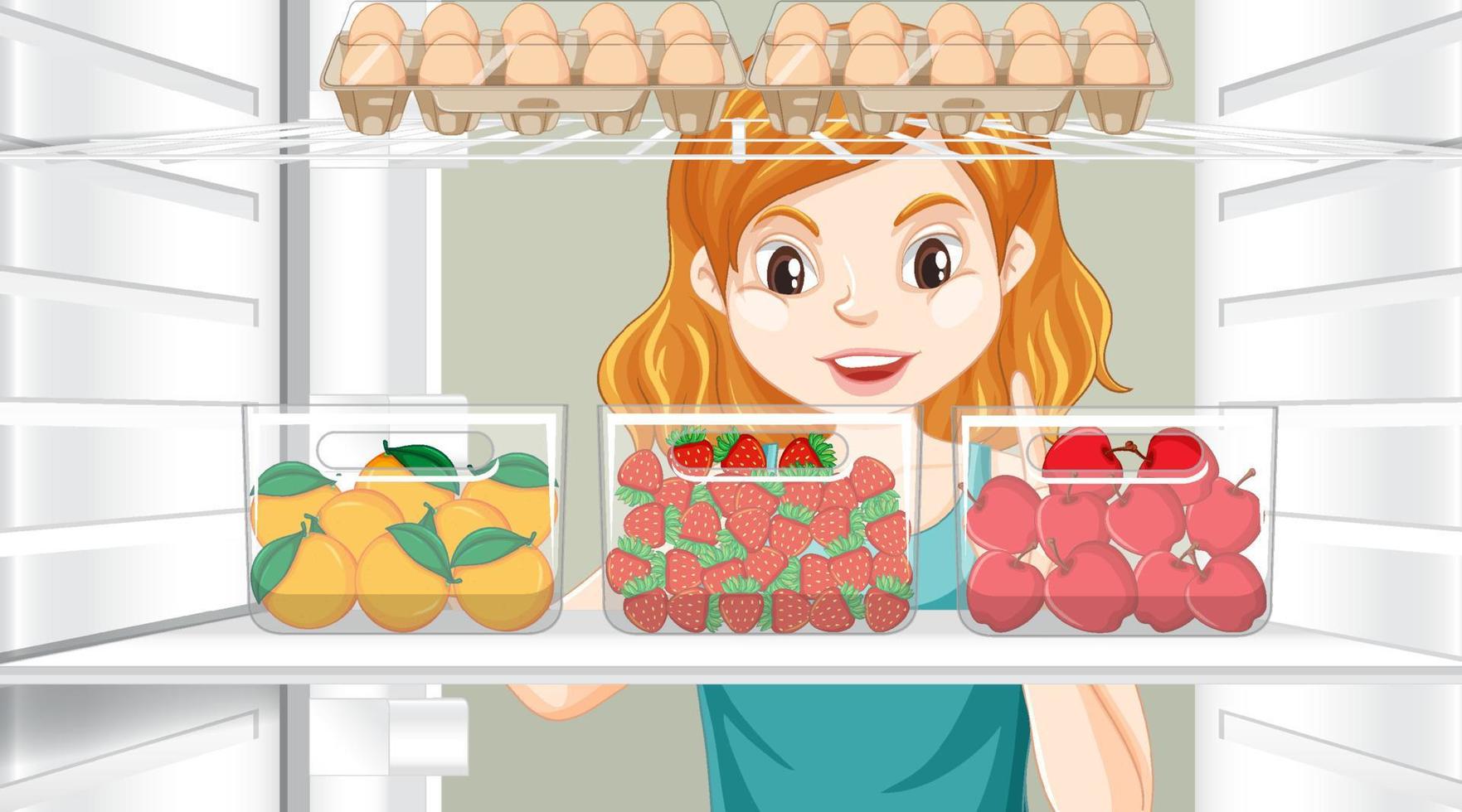 Girl looking at food in fridge vector