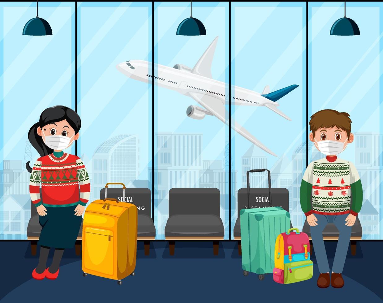 In airport terminal scene with passengers wearing mask vector