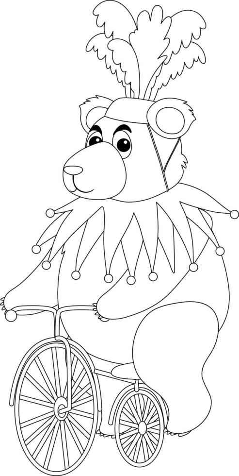 Circus bear ride bicycle black and white doodle character vector