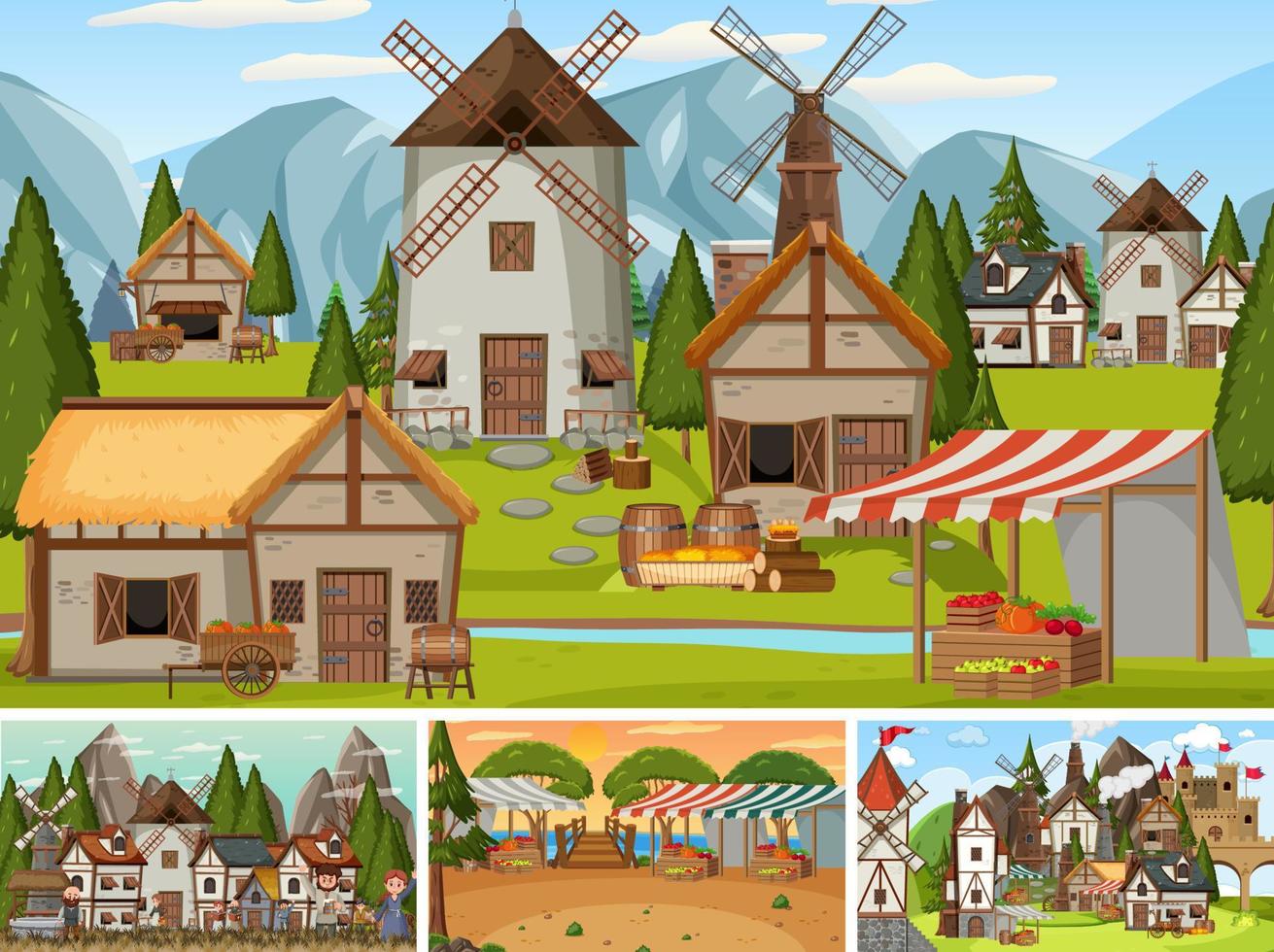 Set of different scene medieval vector