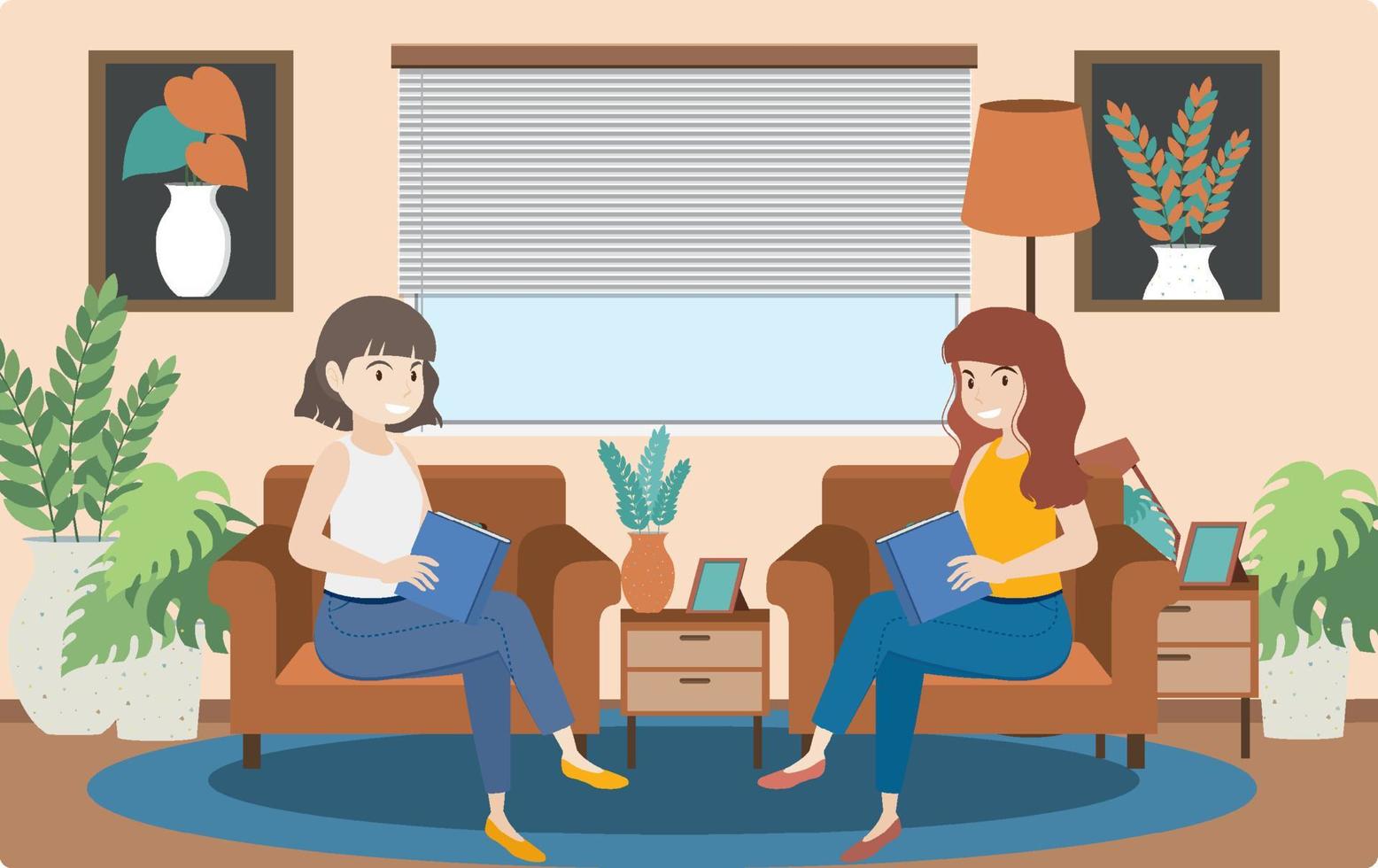 Happy woman sitting and talking to each other at office vector