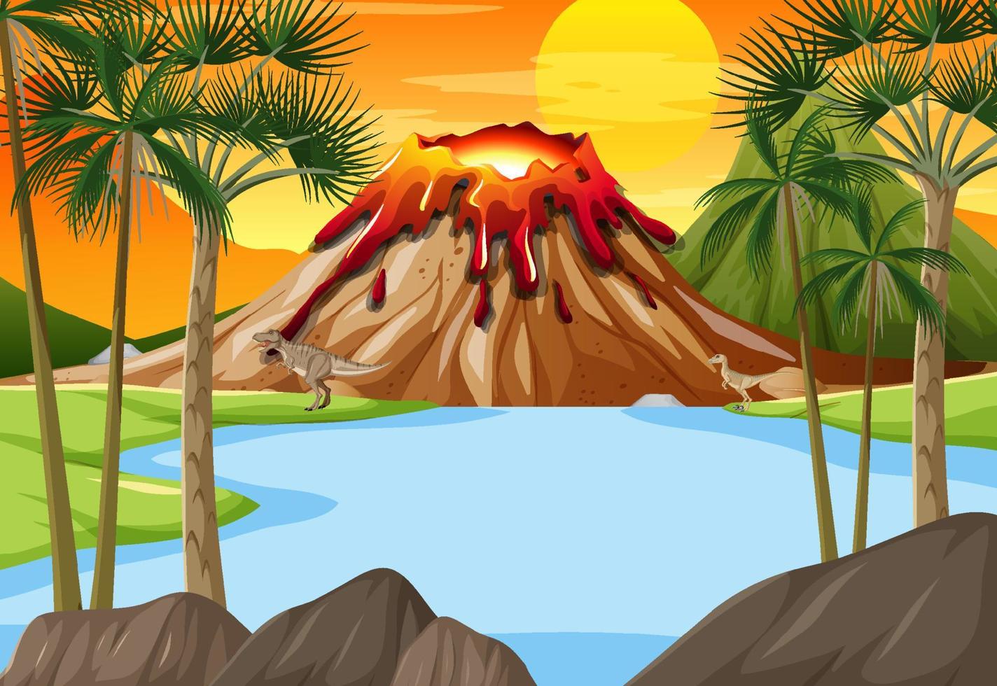 Nature scene with trees on mountains with sign board and dinosaur vector