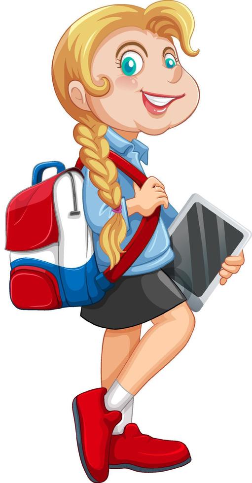A girl standing on the floor with backpack and hold tablet cartoon character on white background vector