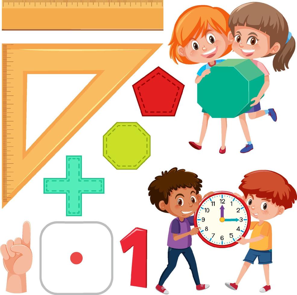 Math classroom objects with supplies and students vector