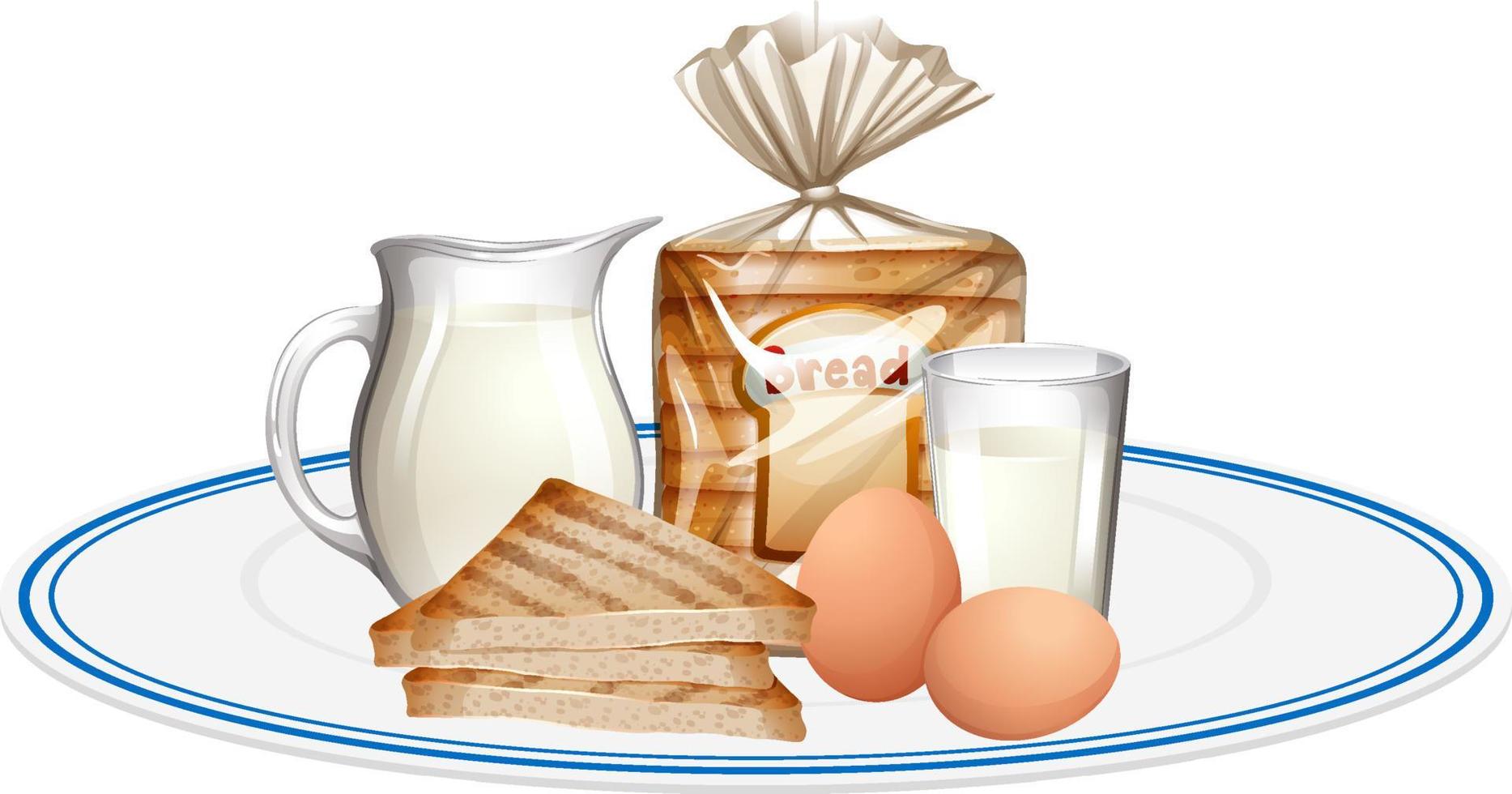 Breakfast meal with bread and milk vector