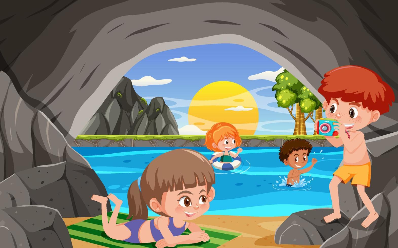 vacaciones de verano con niños en la cueva del mar vector