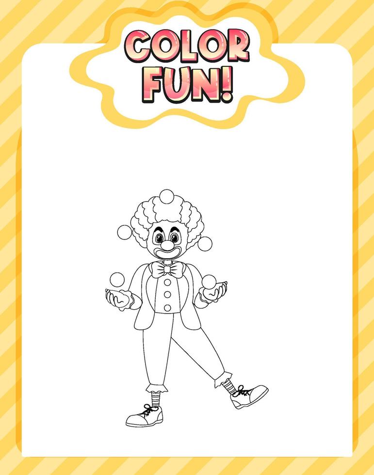 Worksheets template with color fun text and clown outline vector