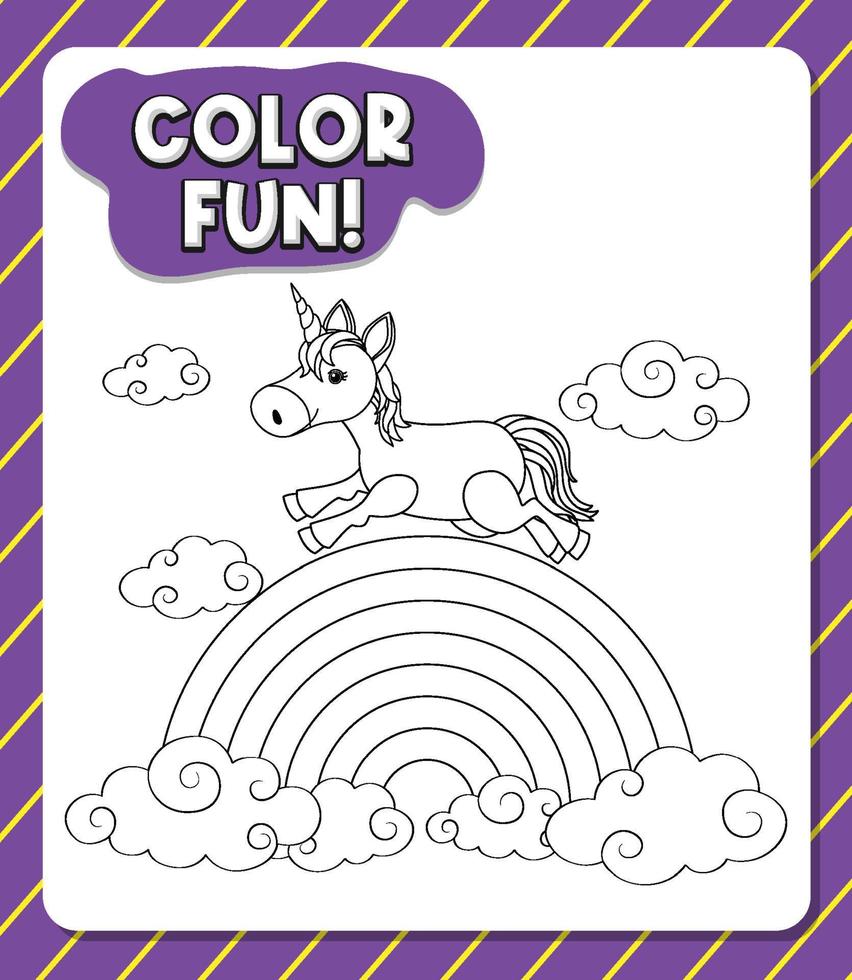 Worksheets template with color time text and Unicorn outline vector