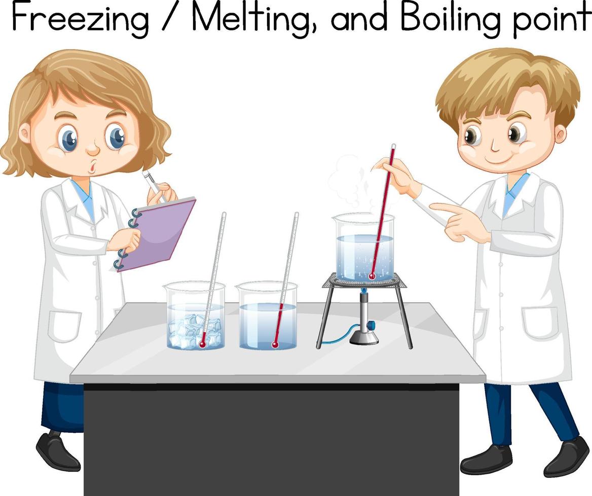 Scientist kids explaining water temperature experiment vector