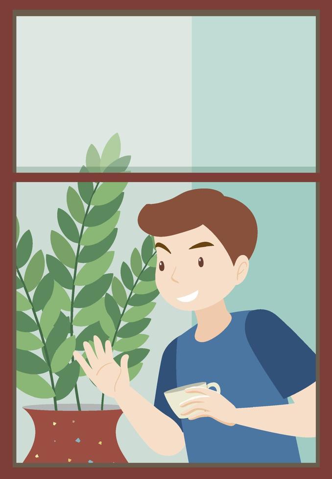 Flat apartment window with man holding coffee on white background vector