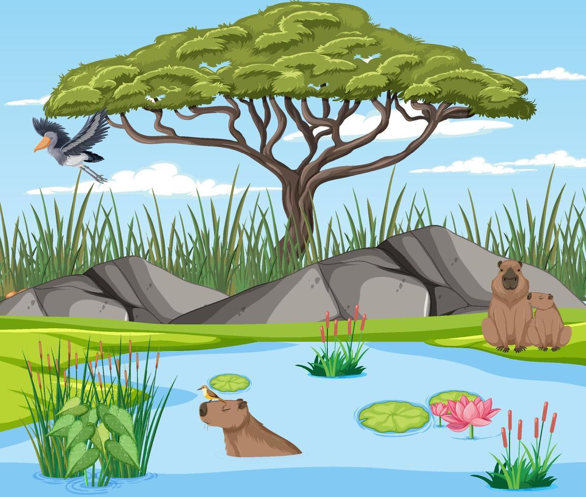 escena con animales salvajes en el bosque vector