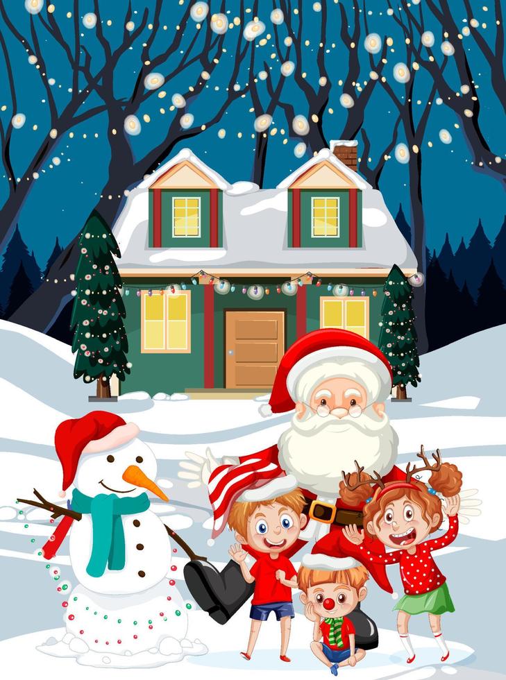 Happy children celebrating Christmas in front of a house at night vector