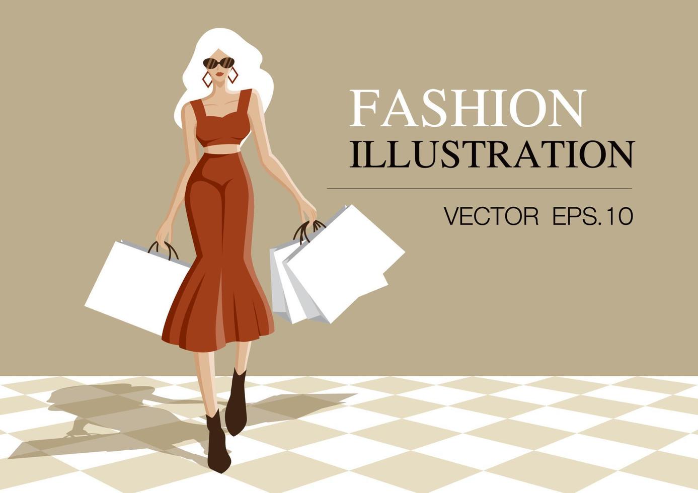 Fashion illustration vector. Fashionable women is wearing brown and holding shopping bags. vector