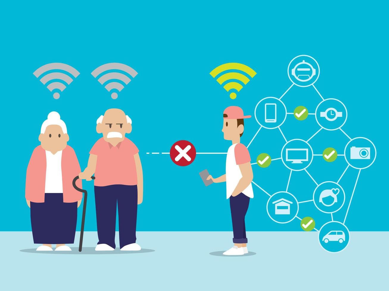 The man can connect to every smart devices but he can not connect to his grandparents. Technology illustration vector. vector
