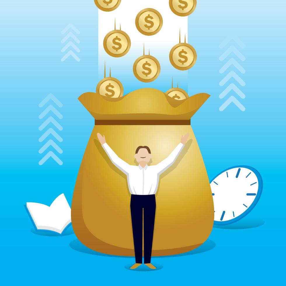 Successful Investment Illustration.  The man makes a lot of money by knowledge and spending time. vector