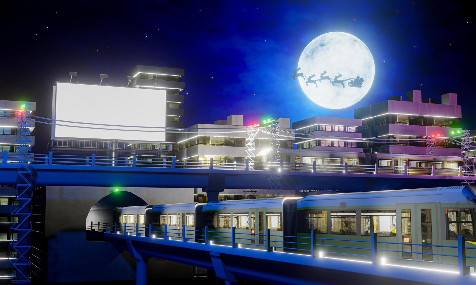 Picture of the city at night, there are train tracks to transport in the city. White blank billboard. Full moon night, shadows of Santa and reindeer pass on Christmas night. 3d rendering photo