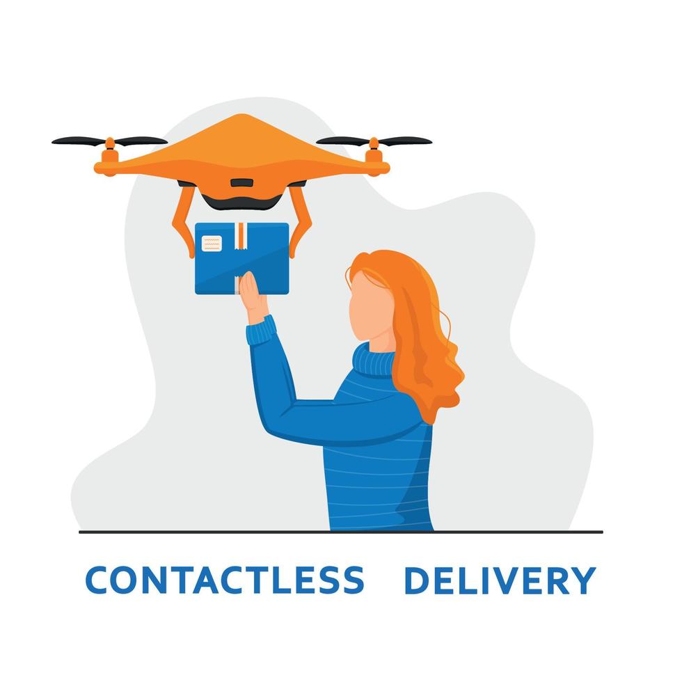 Drone Delivery Concept. Red-haired Girl Holds out her Hands to a Quadrocopter vector