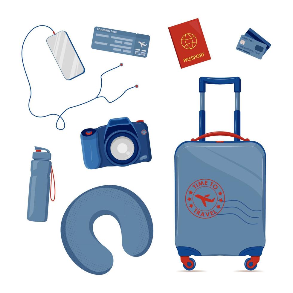 conjunto de símbolos de viaje... maleta con pasaporte, billetes de tarjeta de embarque, almohada de viaje, etc. vector