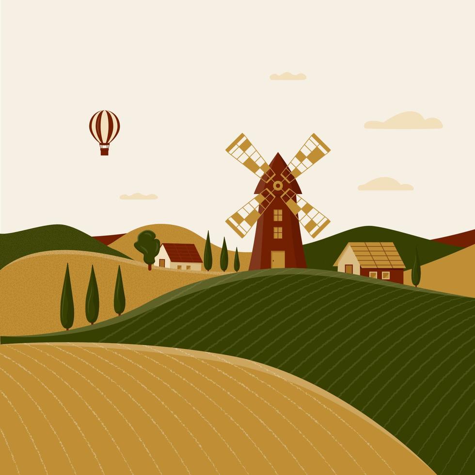 paisaje rural con molino de viento y cortijos vector
