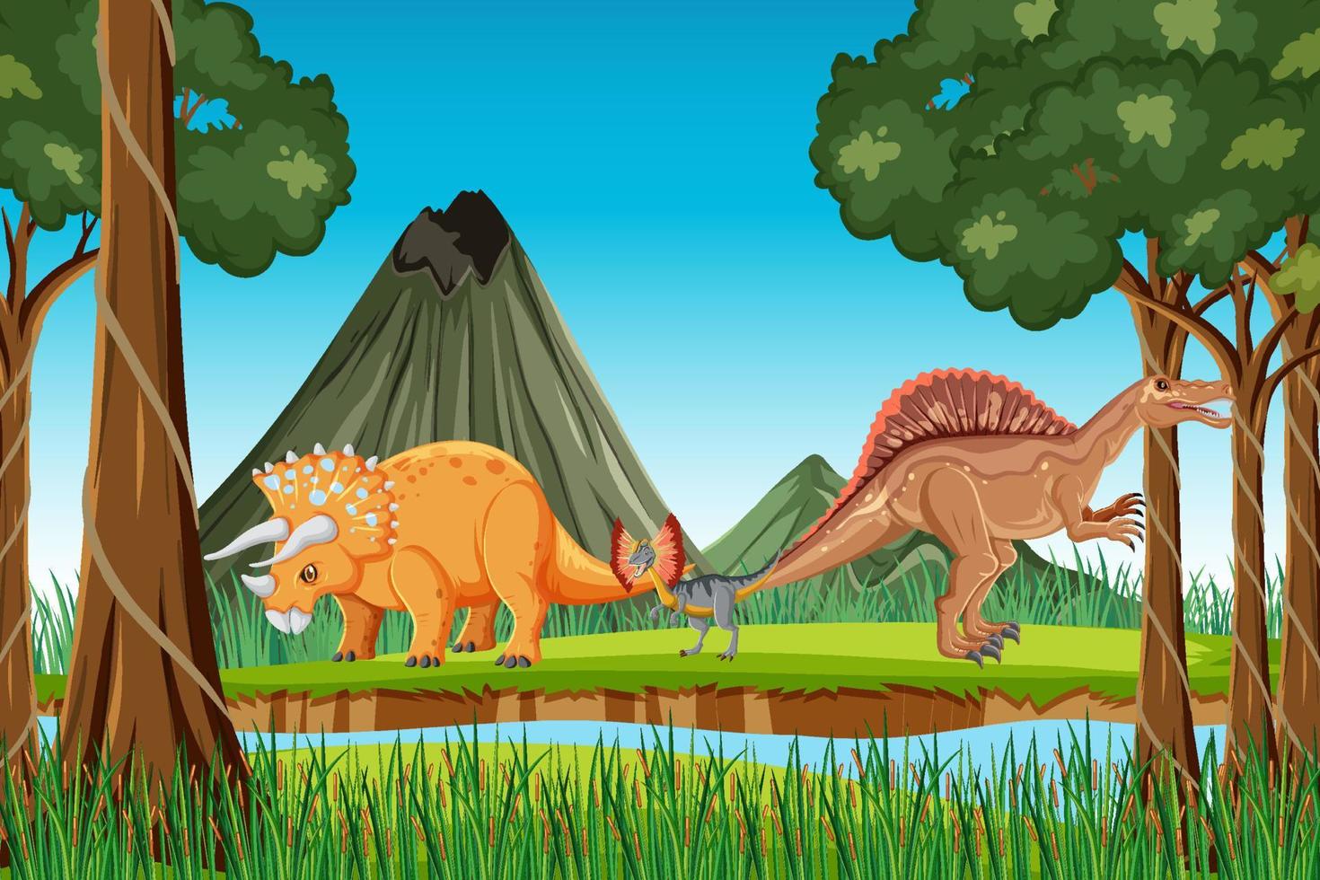 bosque prehistórico con dibujos animados de dinosaurios vector