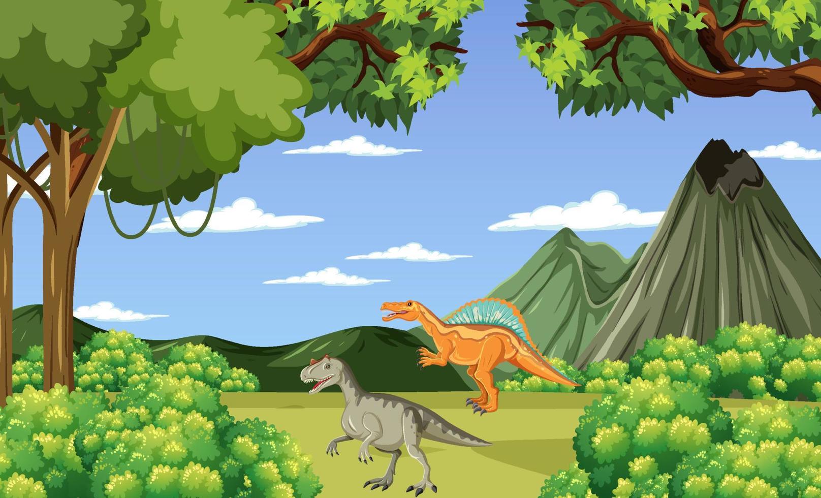 dinosaurio en la escena del bosque prehistórico vector