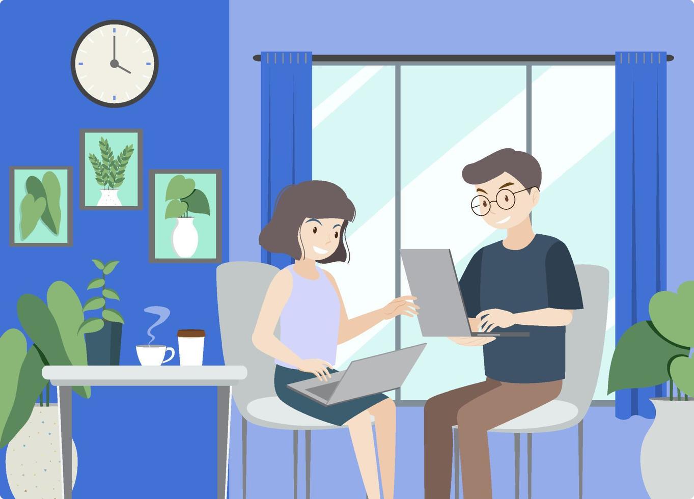 Man and woman working on laptop vector