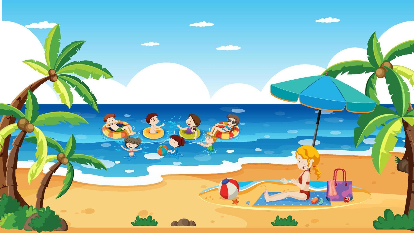 niños jugando en la playa en verano vector