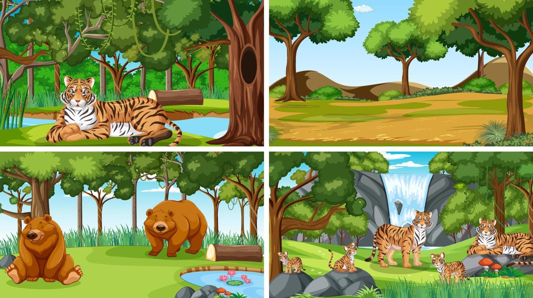 Different forest scenes with wild animals vector