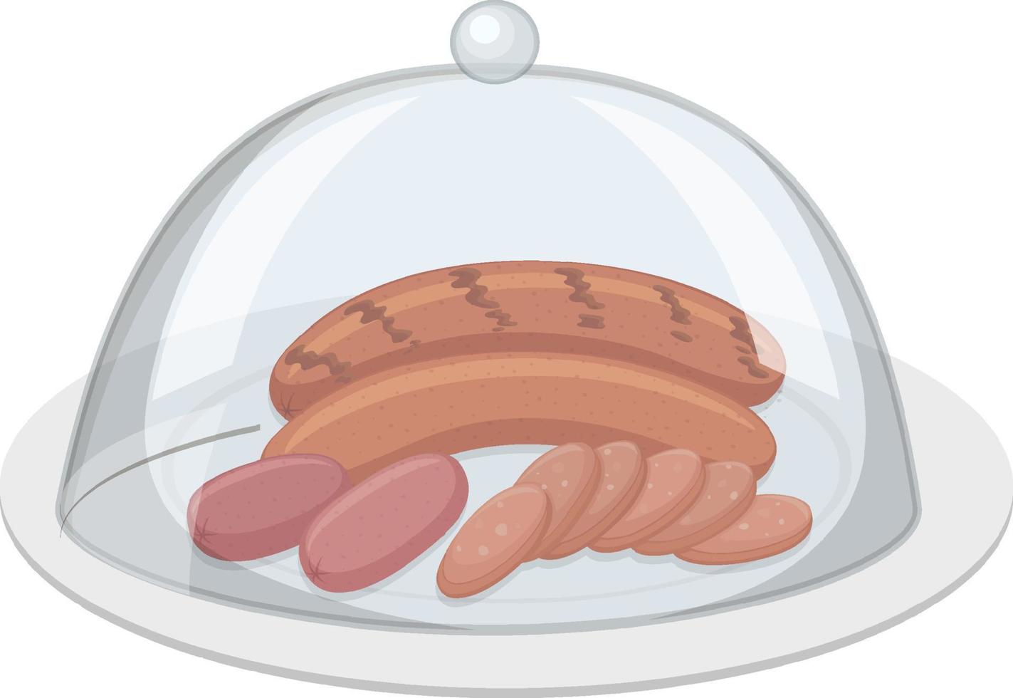 Grilled sausages on round plate with glass cover on white background vector