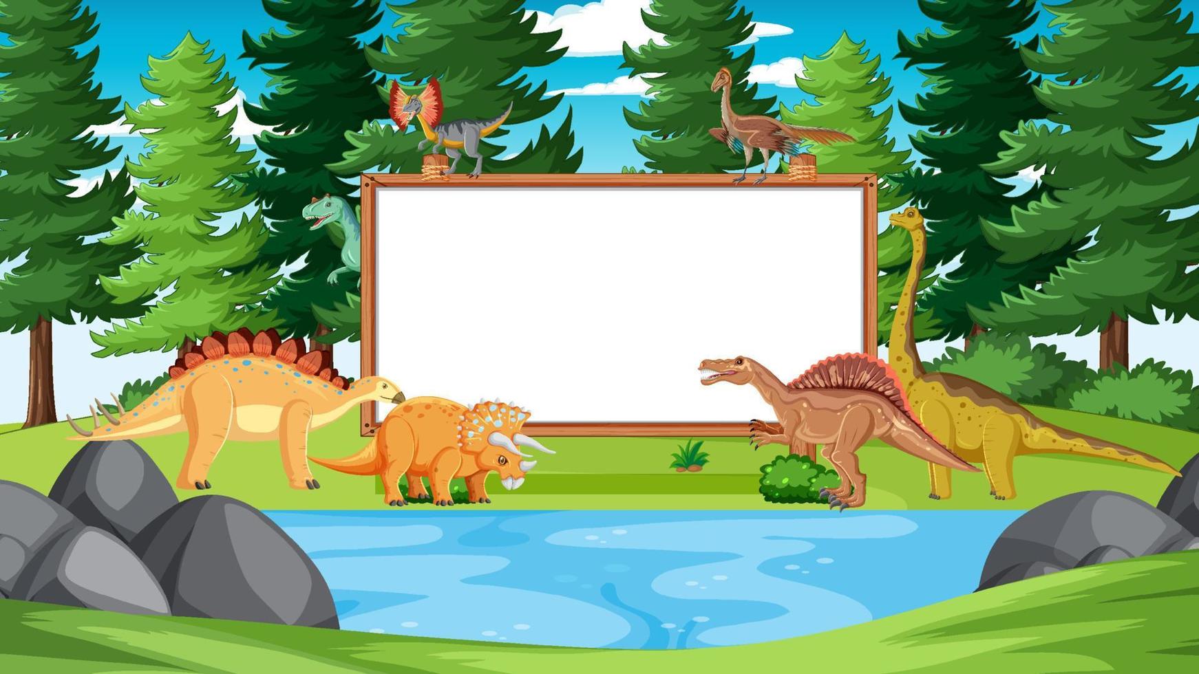 bosque prehistórico con tablero vacío y dinosaurio vector