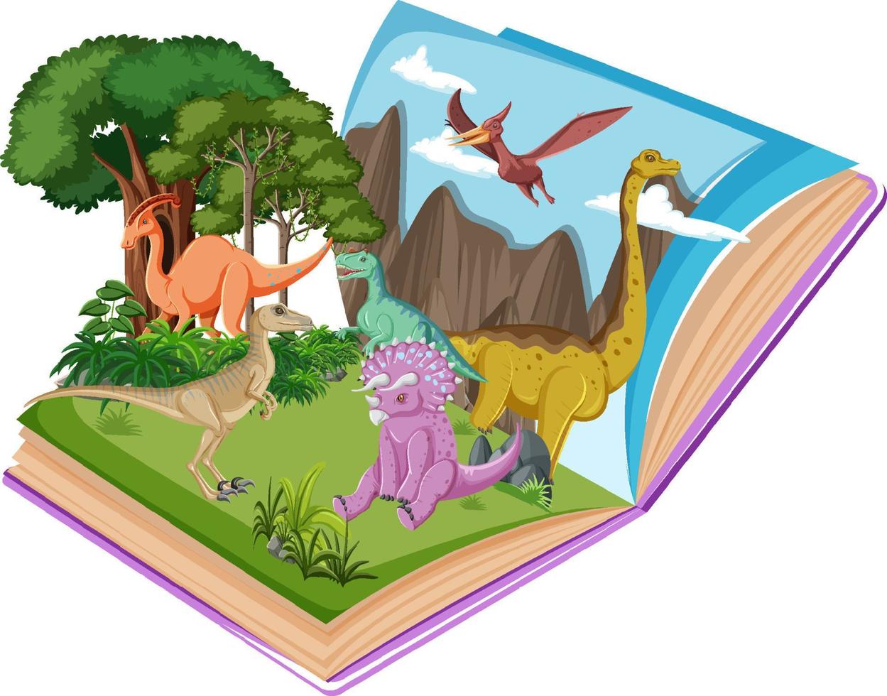 libro emergente con escena de la naturaleza al aire libre y dinosaurio vector